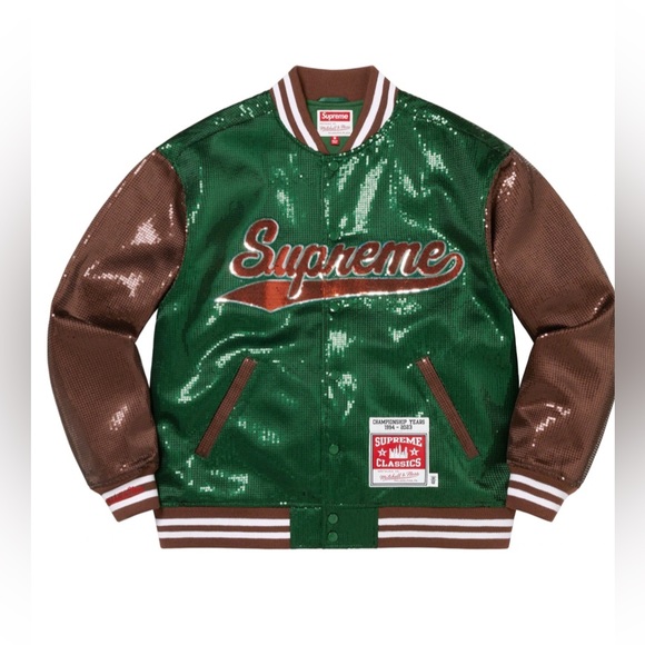 Supreme/ Mitchell & Ness Sequin Varsity Jacket , Green/Brown. Brand new - Picture 7 of 8